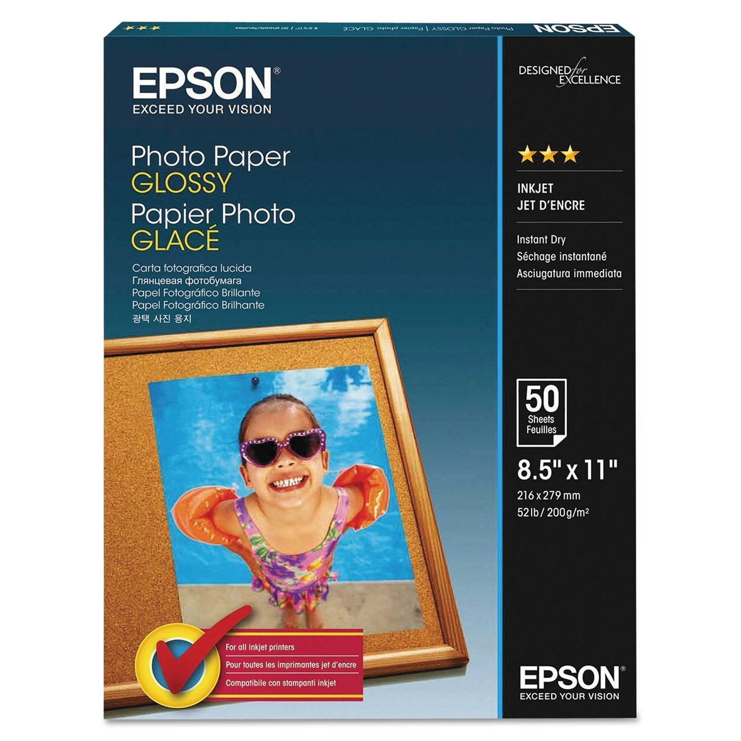 0001034381912_A.jpg Epson Glossy Photo Paper, 52 lb., Glossy, 8.5" x 11", 100 Sheets/Pack - 图片 1