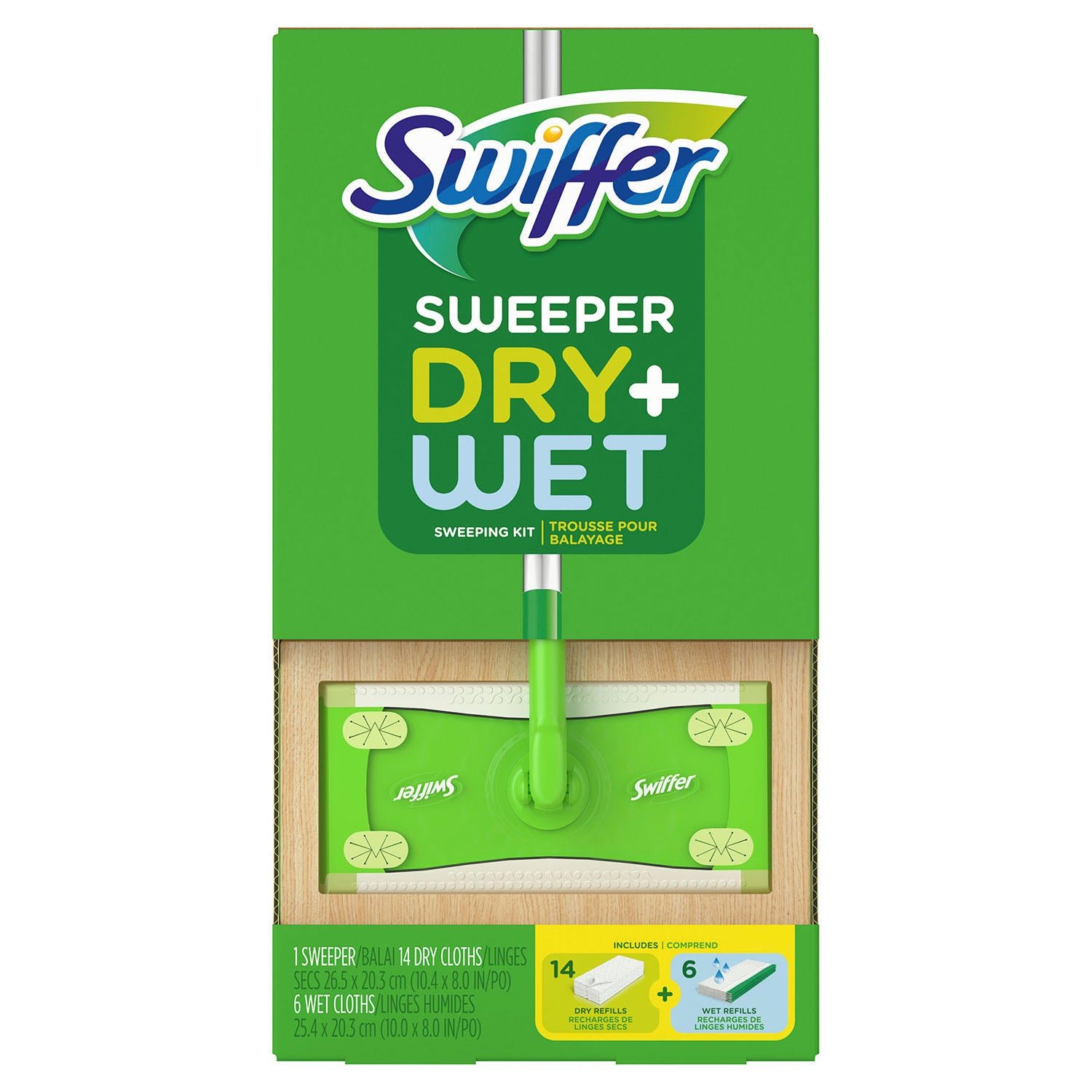0003700074774_A.jpg Swiffer Sweeper Dry + Wet Sweeping Kit (1 Sweeper, 14 Dry Cloths, 6 Wet Cloths) - 图片 1