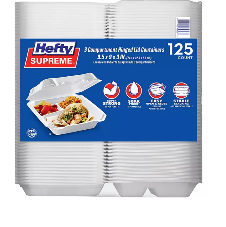 2.1_58c63245-e200-4e64-bfe9-42d0ee4cf94b.png Hefty Supreme Foam Hinged Lid Container, 3-Compartment (125 ct.) - 图片 1