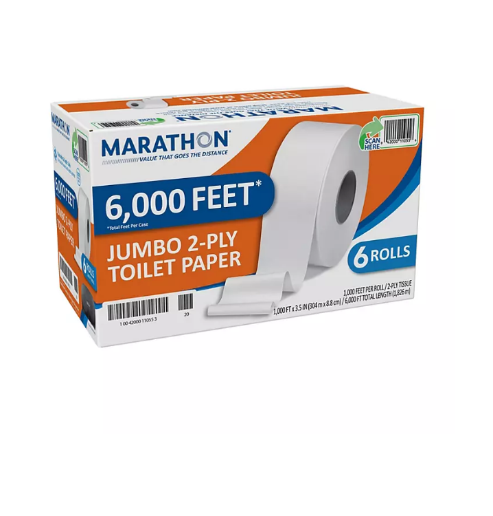 25.1_a50bd286-f929-49b4-b14a-25af983cd683.png Marathon Jumbo Roll 2-Ply Toilet Paper, Septic Safe (1000 ft./roll, 6 rolls/case) - 图片 1