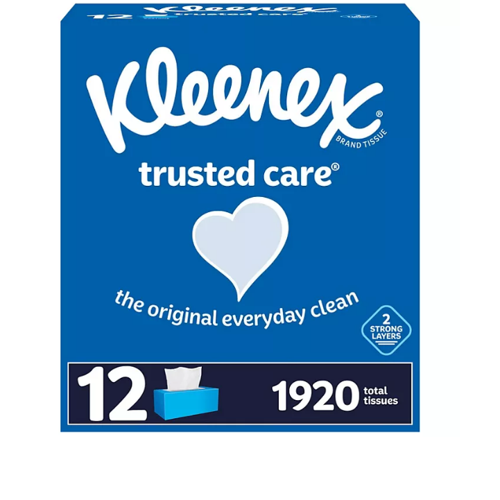 34.1_5443ed38-f63d-4840-8725-767ecf793a6e.png Kleenex Trusted Care 2-ply Facial Tissues, Flat Boxes (160 tissues/box, 12 boxes) - 图片 1
