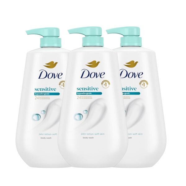 A Dove Body Wash 3 Count Sensitive Skin For 24hr Lotion-Soft Skin Moisturizing Skin Cleanser Gentle Hypoallergenic Formula with No Sulfates No Parabens