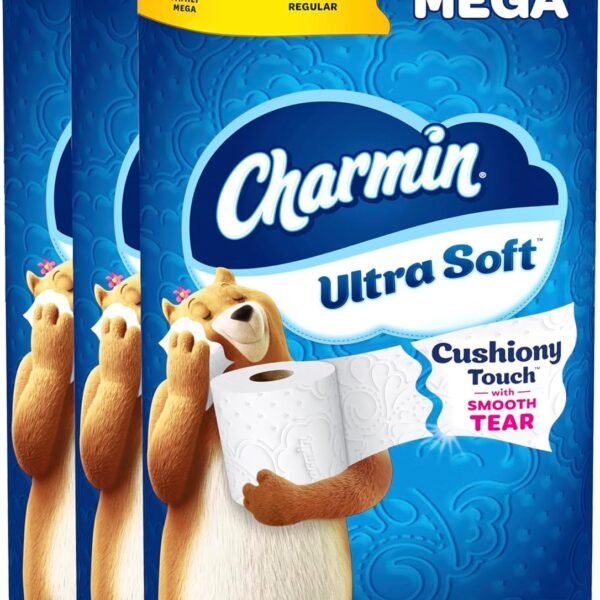 A Charmin Ultra Soft Cushiony Touch Toilet Paper, 30 Family Mega = 153 Regular Rolls, 2-Ply, White